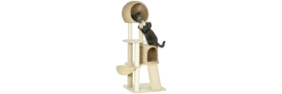 Arbre à Chat Griffoir Sisal Naturel 2 Niches Plateformes Hamac 150 cm Beige