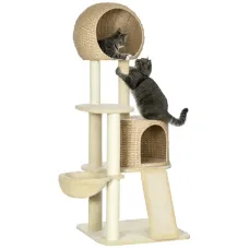 Arbre à Chat Griffoir Sisal Naturel 2 Niches Plateformes Hamac 150 cm Beige