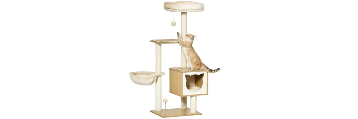 PawHut Arbre à Chat Multi-Équipements avec Niche Hamac et Griffoirs 126 cm Beige