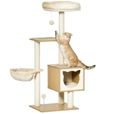 PawHut Arbre à Chat Multi-Équipements avec Niche Hamac et Griffoirs 126 cm Beige